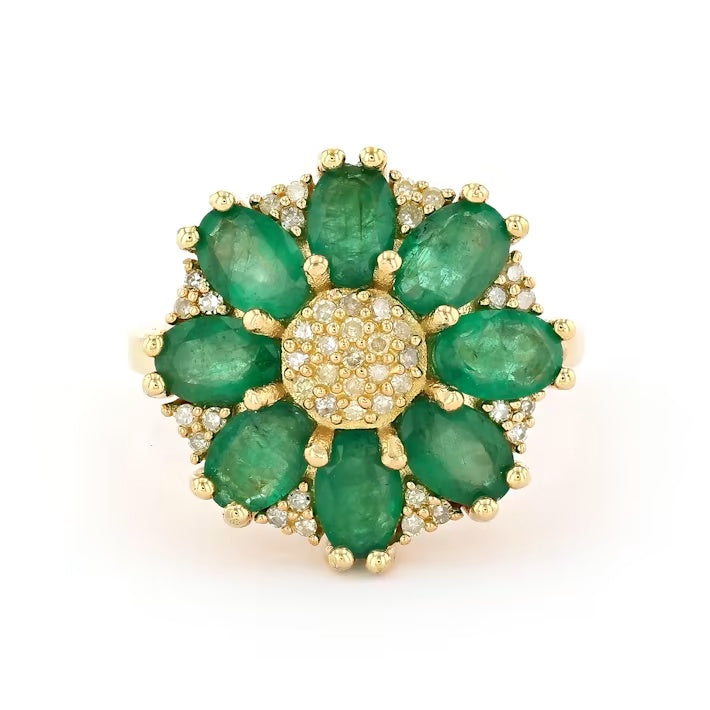 3.11 Cts Emerald and White Diamond Ring in Yellow Gold Plated Sterling Silver