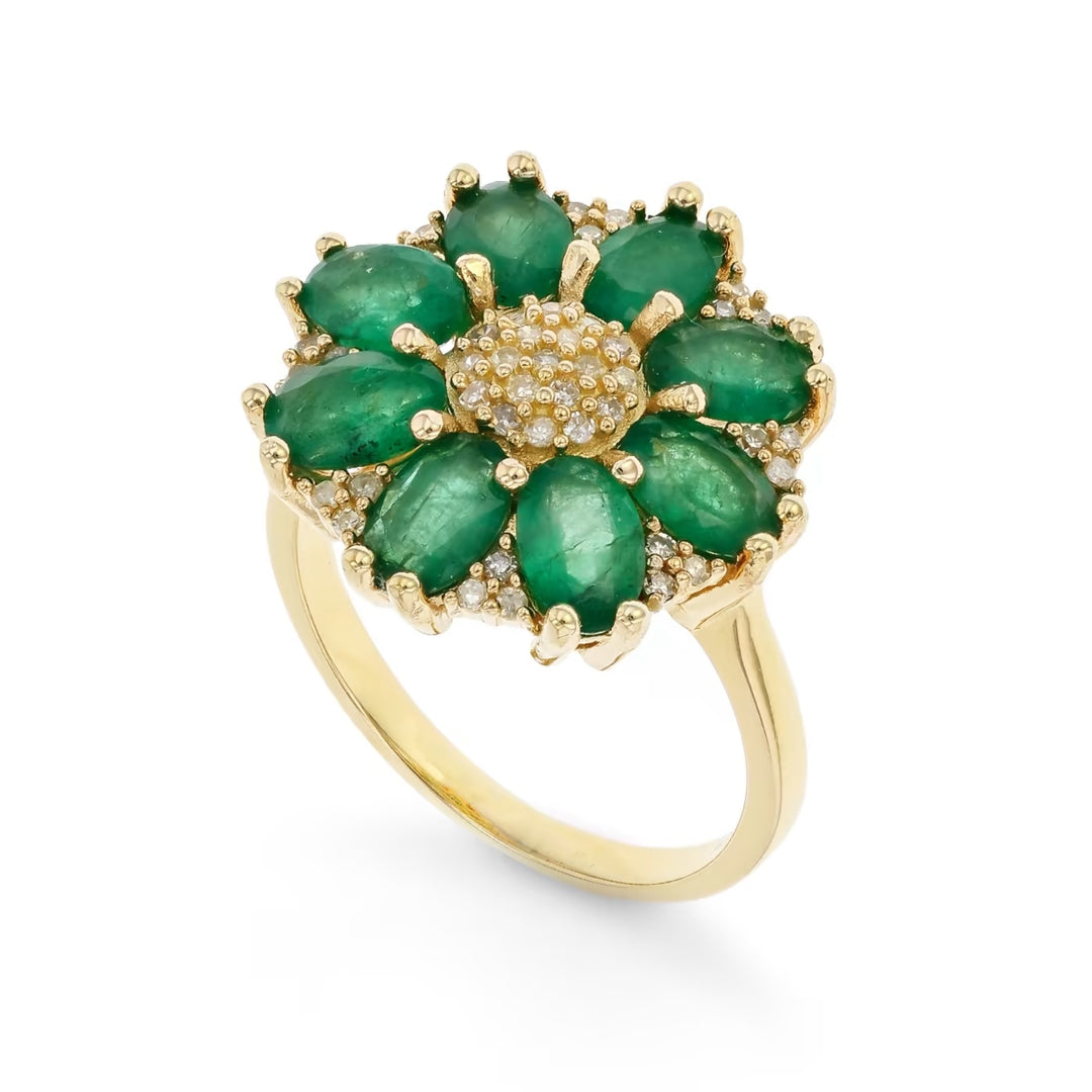 3.11 Cts Emerald and White Diamond Ring in Yellow Gold Plated Sterling Silver