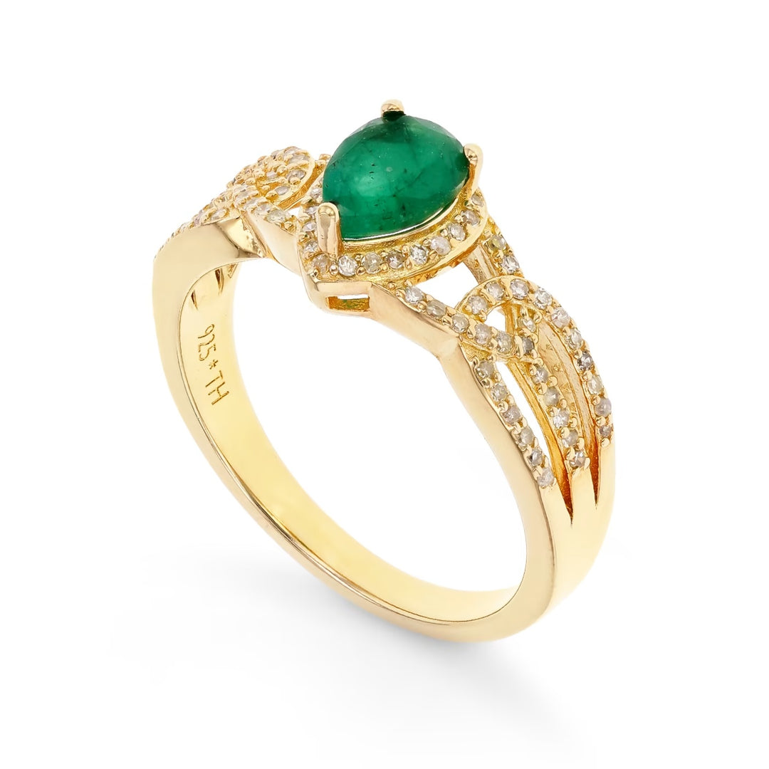 0.71 Cts Emerald and White Diamond Ring in Yellow Gold Plated Sterling Silver