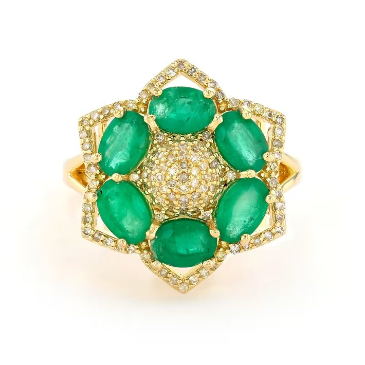 2.60 Cts Emerald and White Diamond Ring in Yellow Gold Plated Sterling Silver