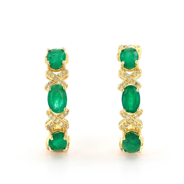 2.56 Cts Emerald and White Diamond Earring in Yellow Gold Plated Sterling Silver