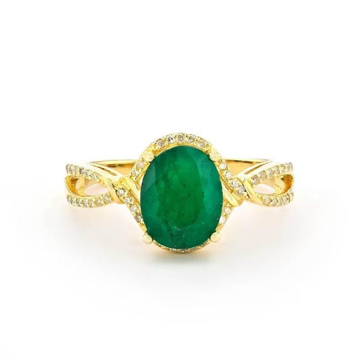 2.53 Cts Emerald and White Diamond Ring in Yellow Gold Plated Sterling Silver