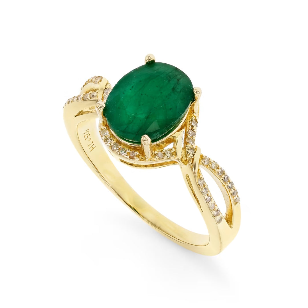 2.53 Cts Emerald and White Diamond Ring in Yellow Gold Plated Sterling Silver