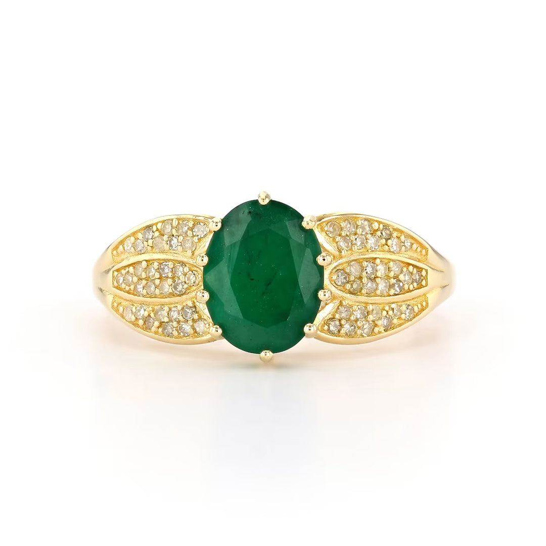 1.84 Cts Emerald and White Diamond Ring in Yellow Gold Plated Sterling Silver