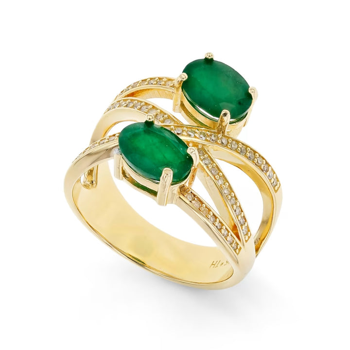 2.40 Cts Emerald and White Diamond Ring in Yellow Gold Plated Sterling Silver