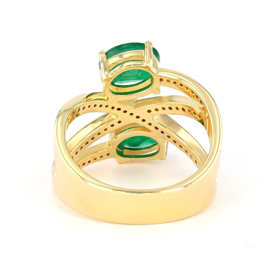 2.40 Cts Emerald and White Diamond Ring in Yellow Gold Plated Sterling Silver