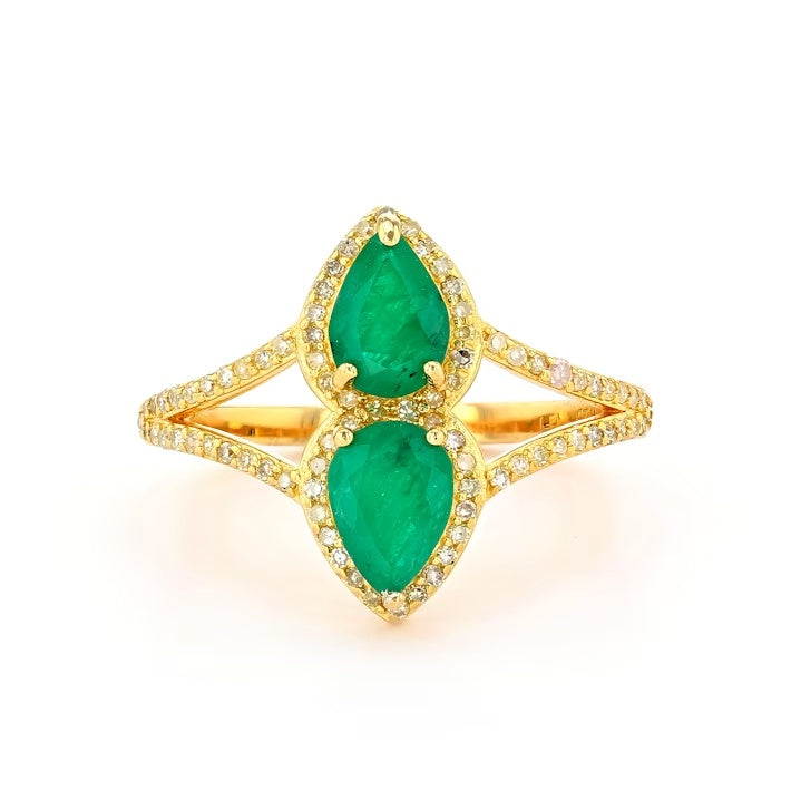 1.10 Cts Emerald and White Diamond Ring in Yellow Gold Plated Sterling Silver