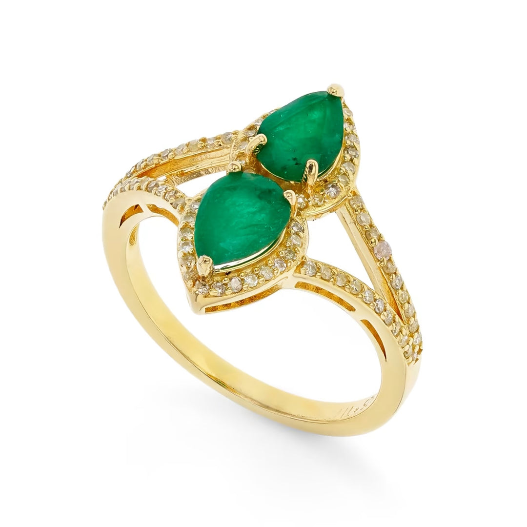 1.10 Cts Emerald and White Diamond Ring in Yellow Gold Plated Sterling Silver