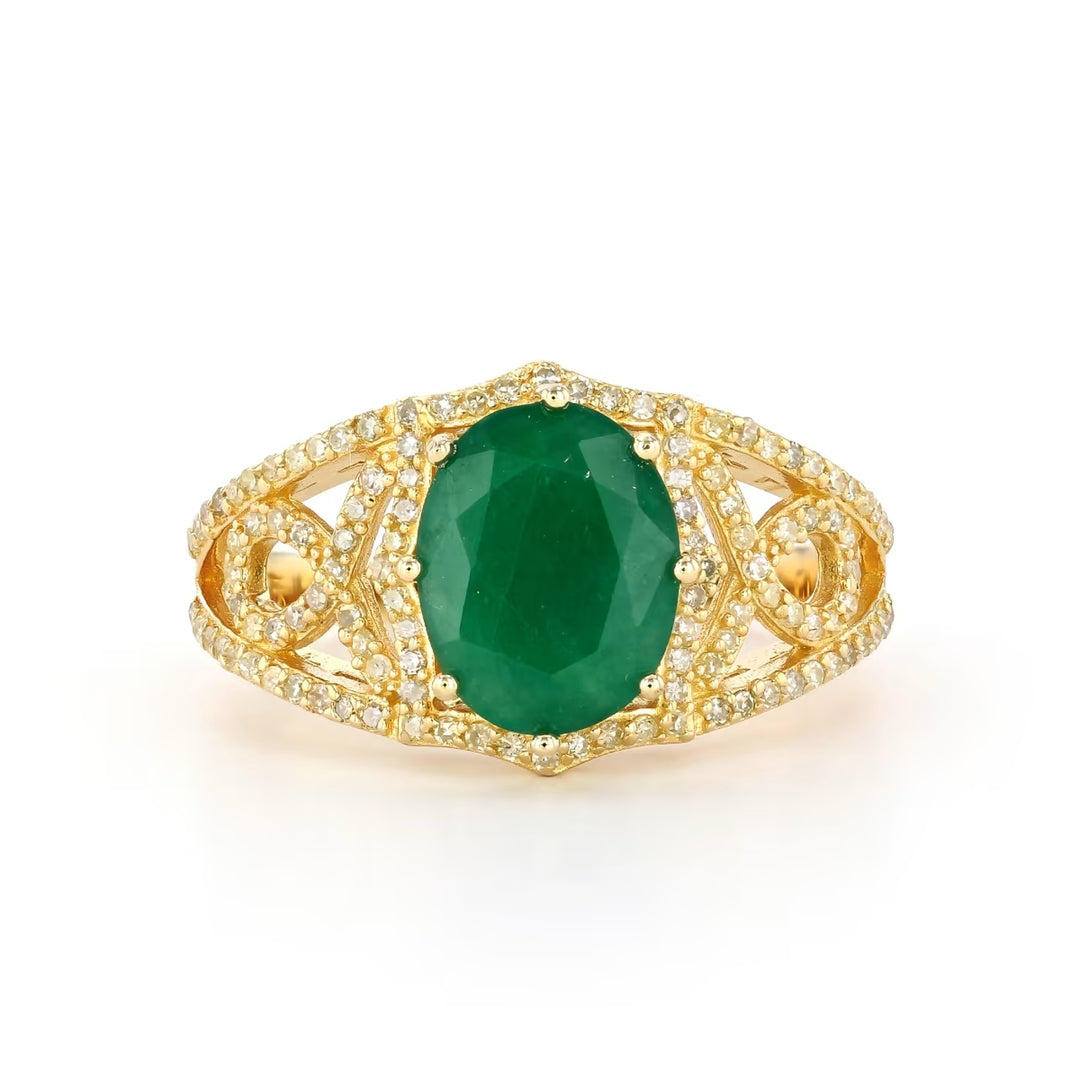 2.31 Cts Emerald and White Diamond Ring in Yellow Gold Plated Sterling Silver