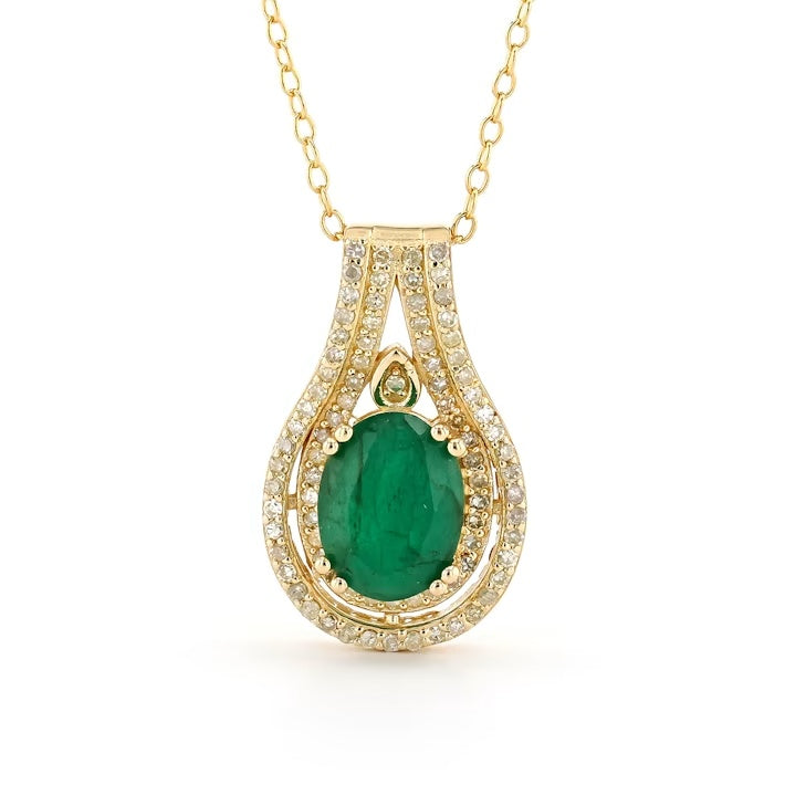 1.81 Cts Emerald and White Diamond Pendant in Yellow Gold Plated Sterling Silver