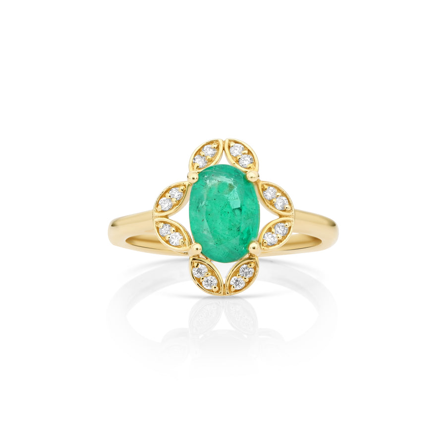 1.4 Cts Emerald and White Diamond Ring in 14K Yellow Gold