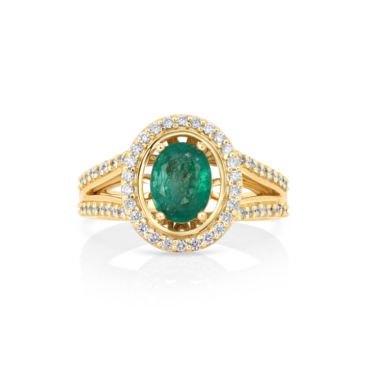 1.07 Cts Emerald and White Diamond Ring in 14K Yellow Gold