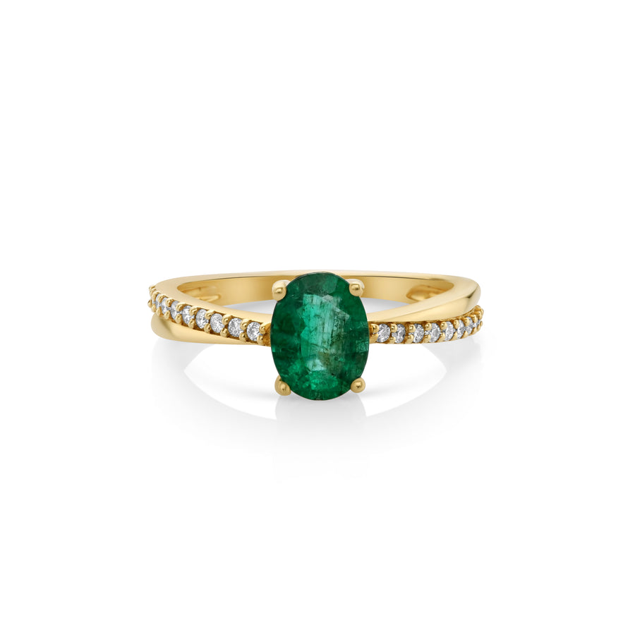1.08 Cts Emerald and White Diamond Ring in 14K Yellow Gold