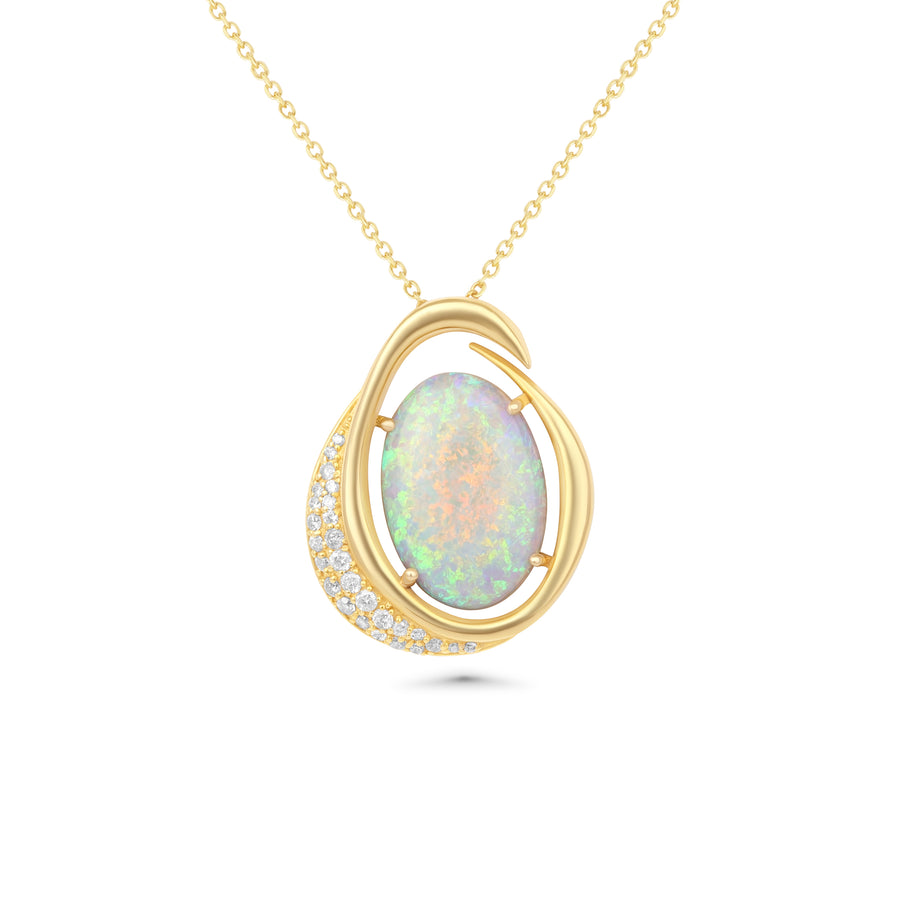 6.64 Cts White Opal and White Diamond Pendant in 14K Yellow Gold
