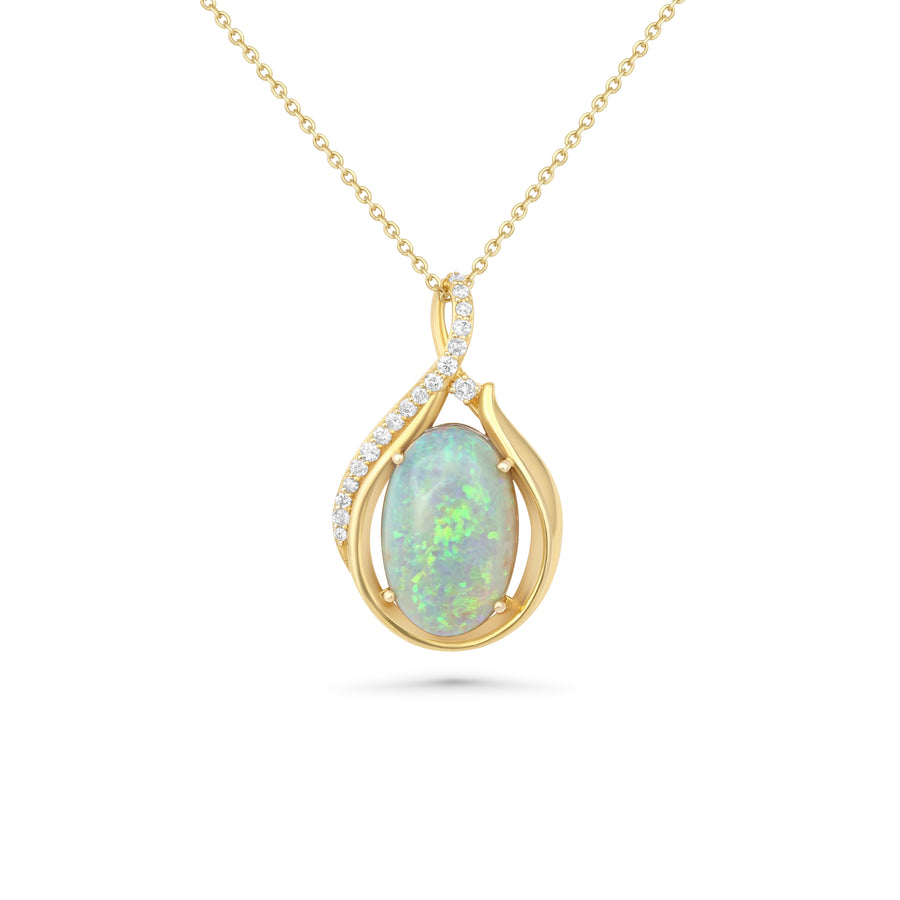 4.6 Cts White Opal and White Diamond Pendant in 14K Yellow Gold