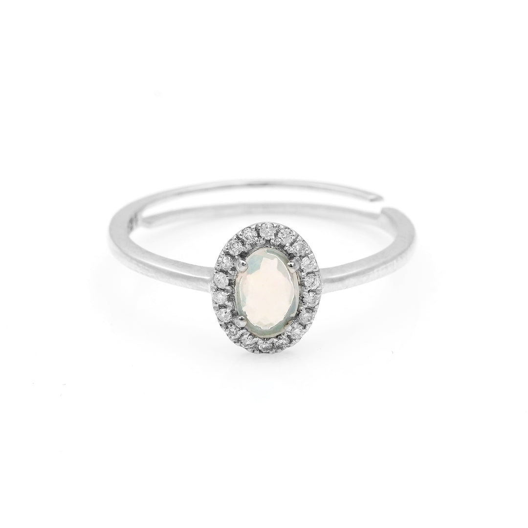0.26 Cts Opal and White Diamond Ring in 14K White Gold