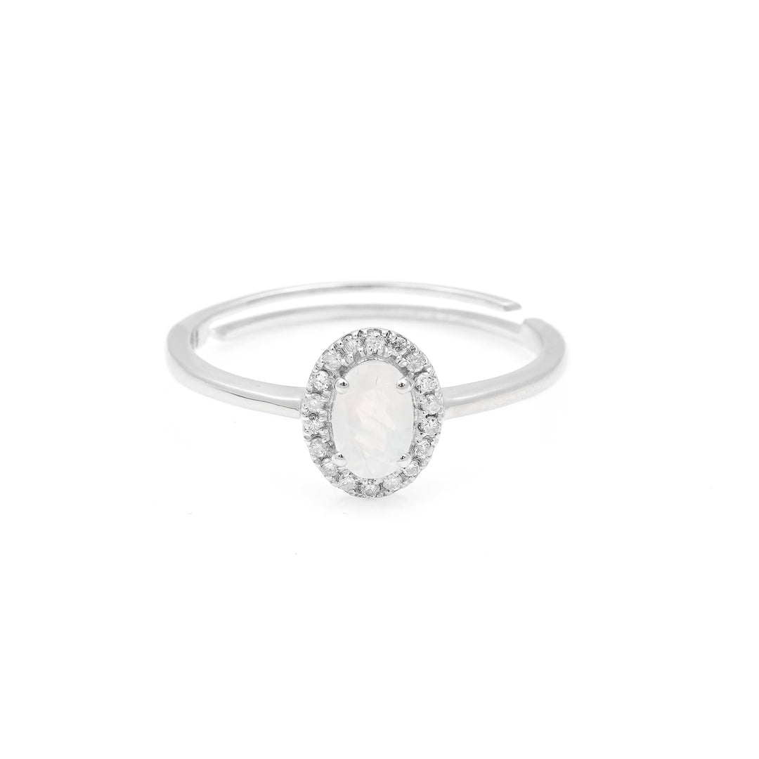 0.42 Cts Rainbow Moonstone and White Diamond Ring in 14K White Gold