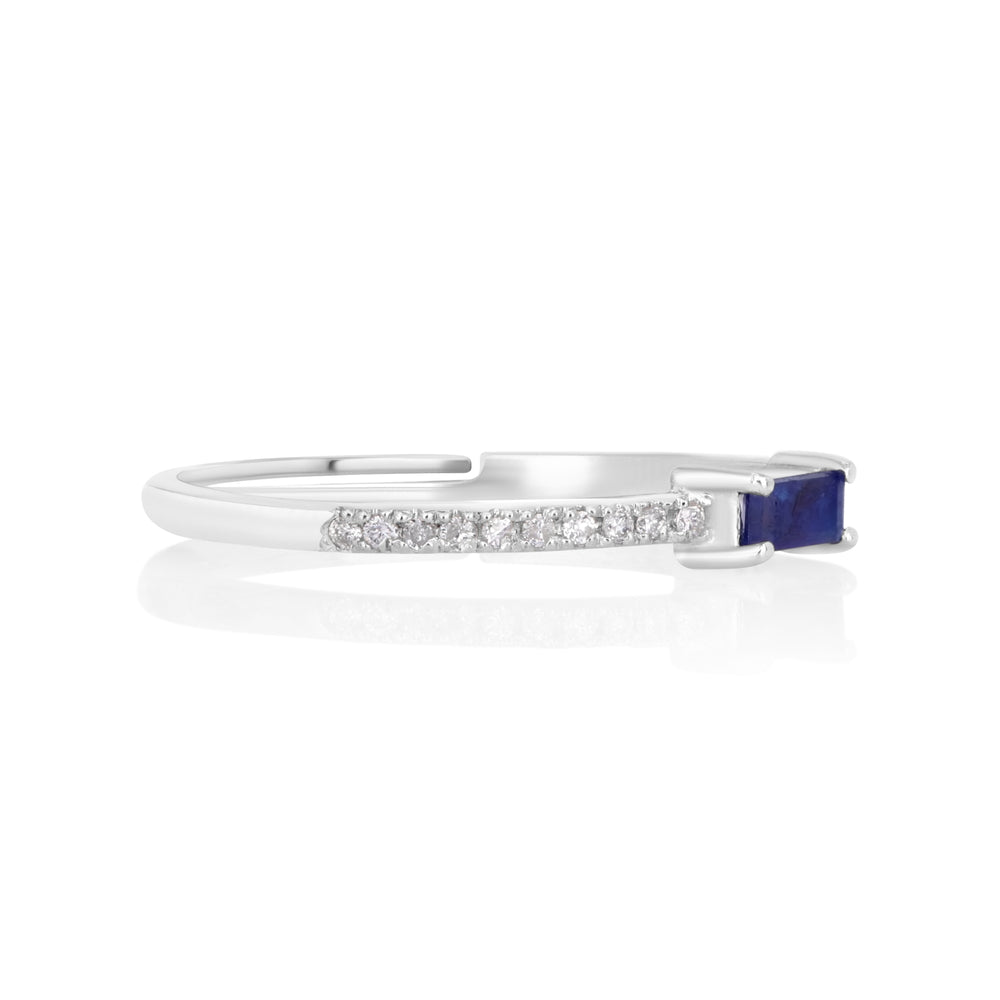 0.1 Cts Blue Sapphire and White Diamond Ring in 14K White Gold