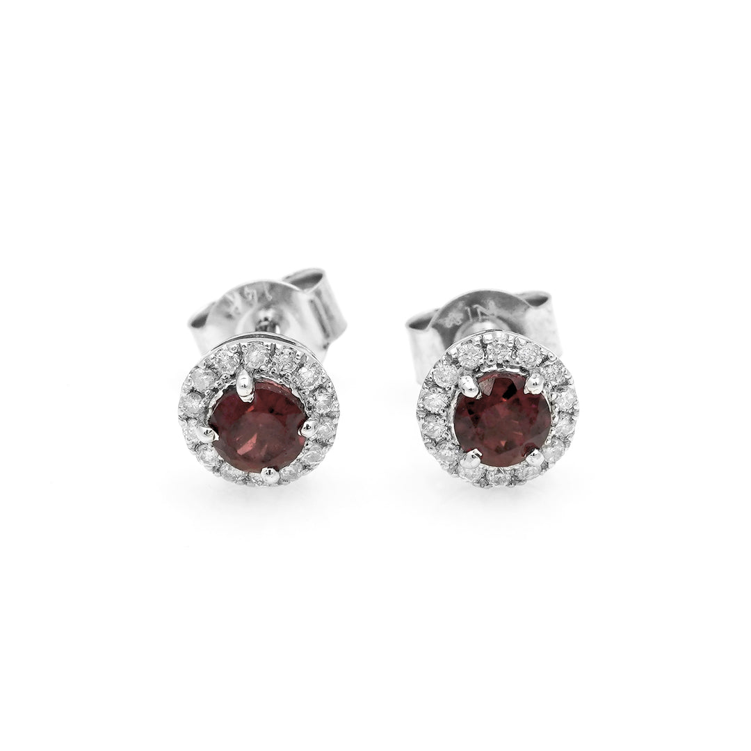 0.68 Cts Garnet and White Diamond Earring in 14K White Gold