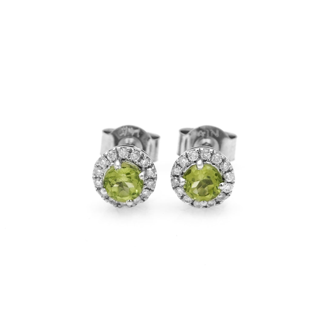 0.74 Cts Peridot and White Diamond Earring in 14K White Gold