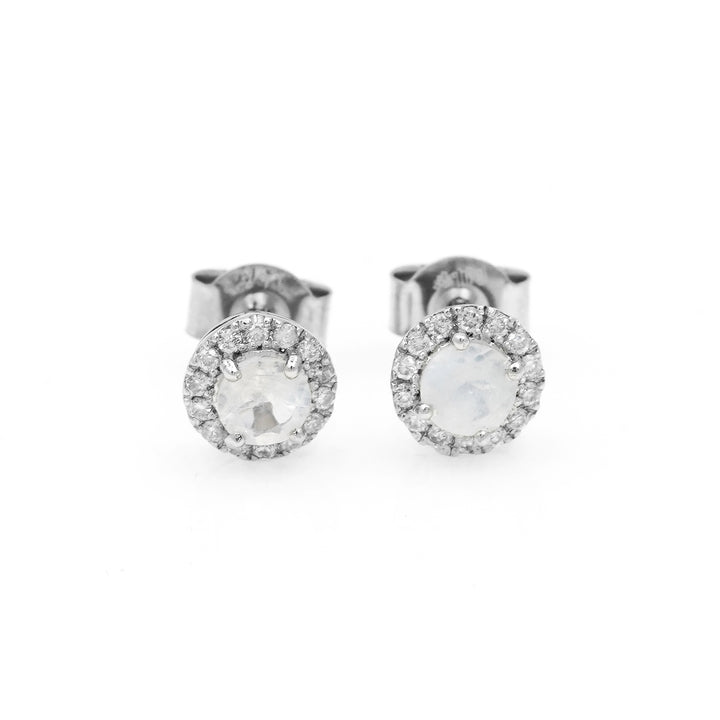 0.50 Cts Rainbow Moonstone and White Diamond Earring in 14K White Gold
