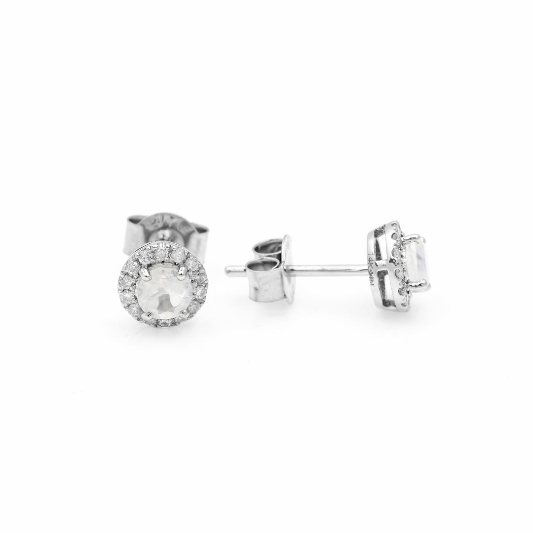 0.50 Cts Rainbow Moonstone and White Diamond Earring in 14K White Gold