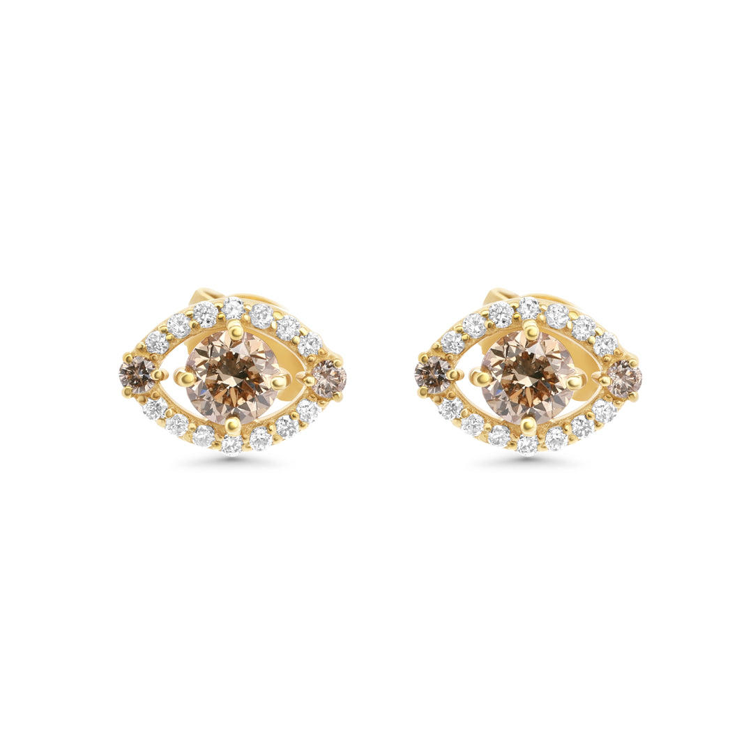 0.92 Cts Brown Diamond and White Diamond Earring in 14K Yellow Gold