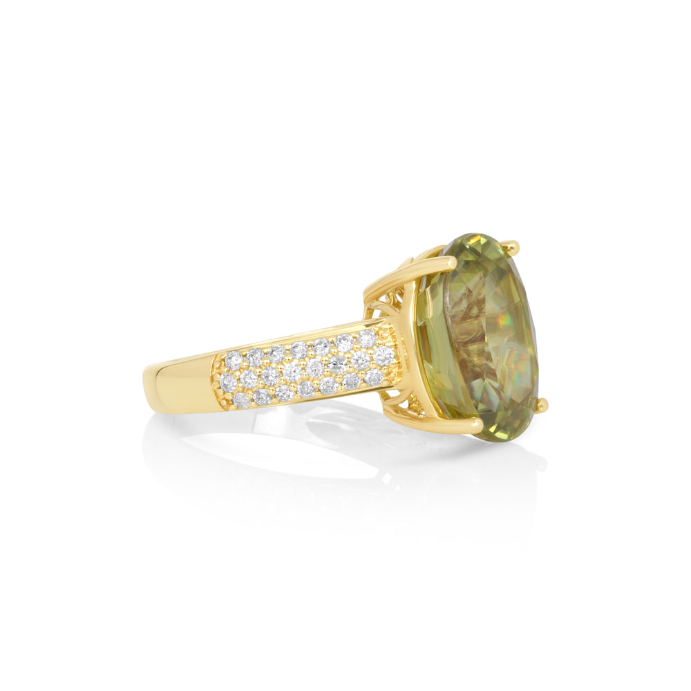 7.32 Cts Sphene and White Diamond Ring in 14K Yellow Gold