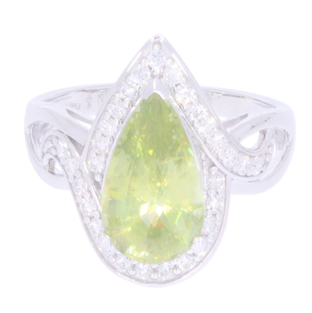 3.05 Cts Sphene and White Diamond Ring in 14K White Gold