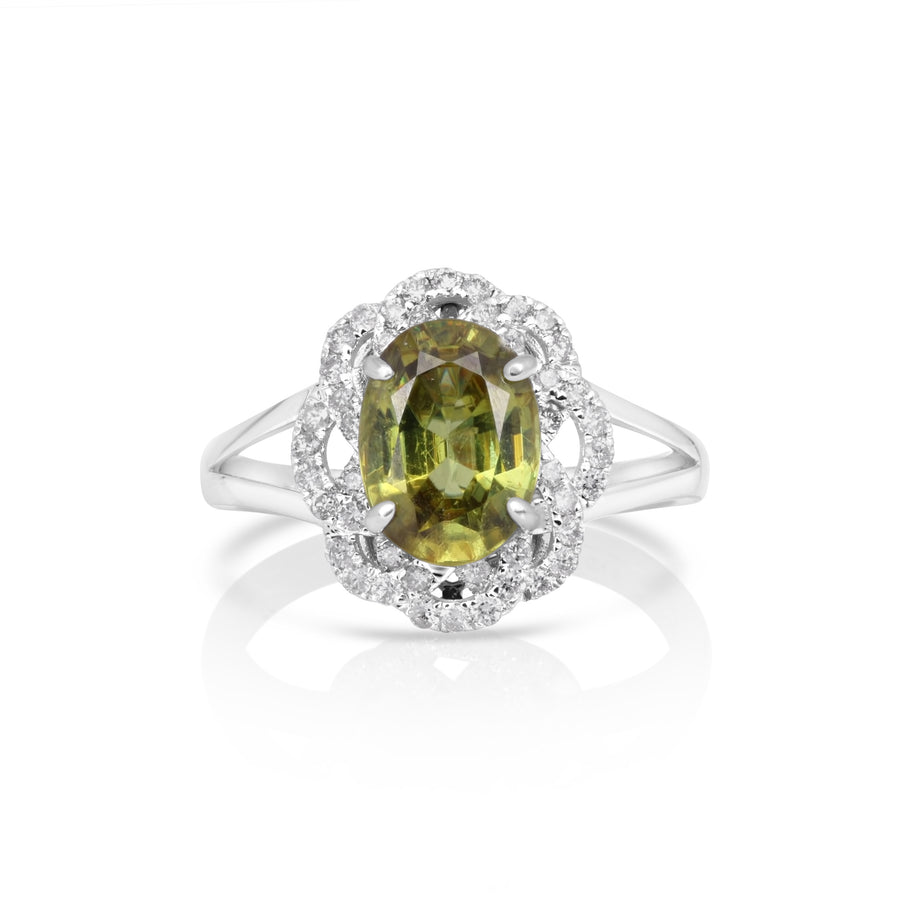 2.55 Cts Sphene and White Diamond Ring in 14K White Gold