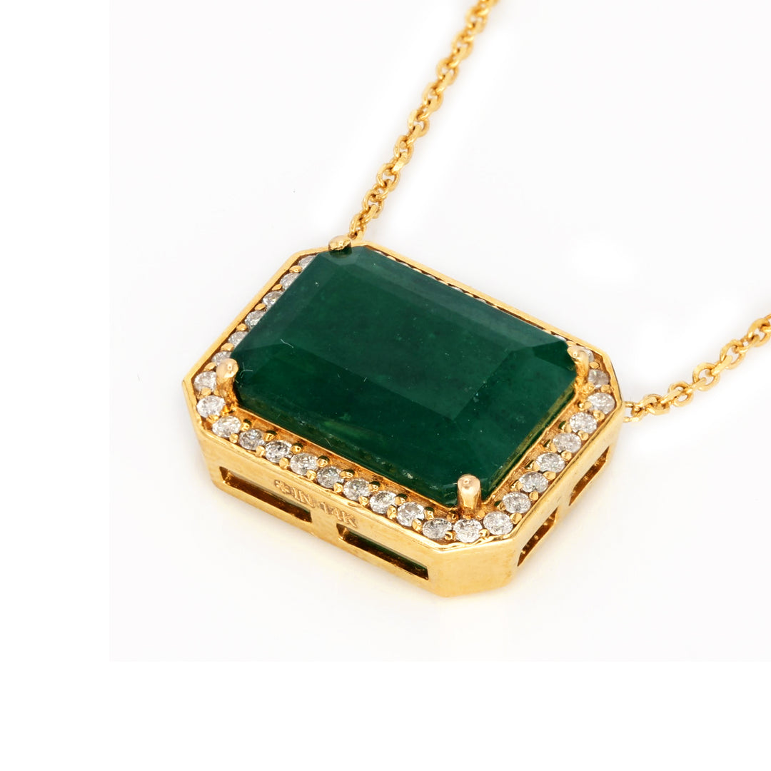 6.45 Cts Emerald and White Diamond Necklace in 14K Yellow Gold