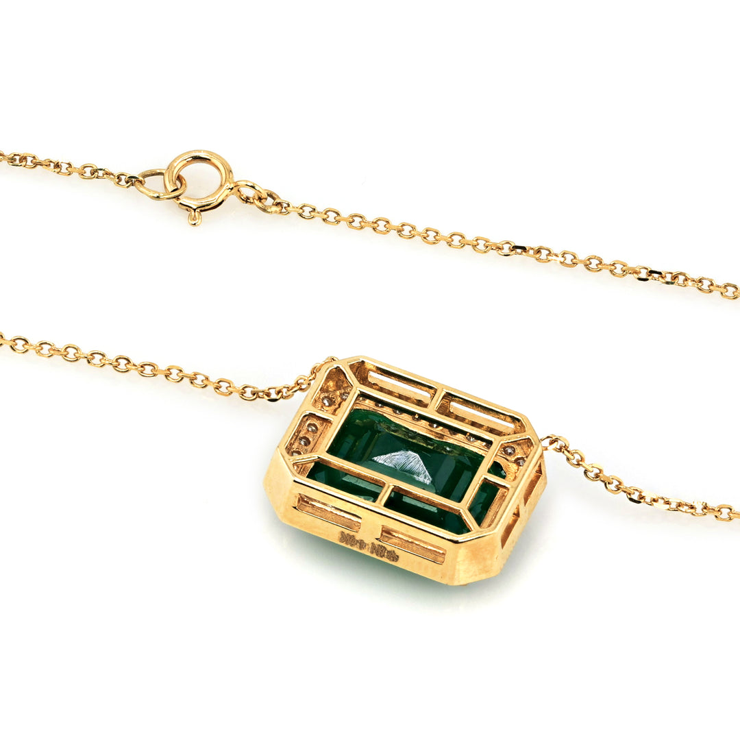 6.45 Cts Emerald and White Diamond Necklace in 14K Yellow Gold