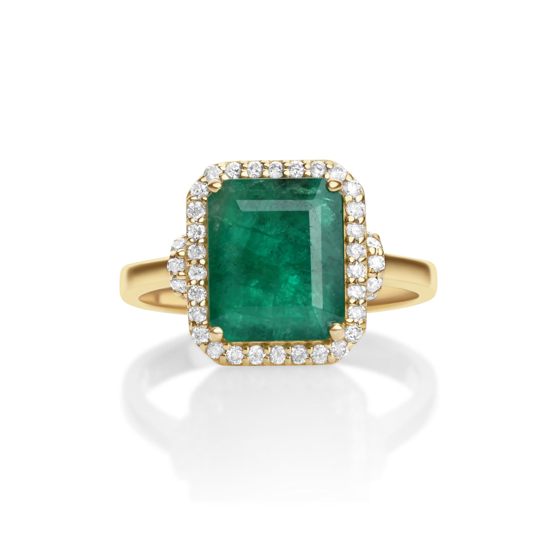 3.66 Cts Emerald and White Diamond Ring in 14K Yellow Gold