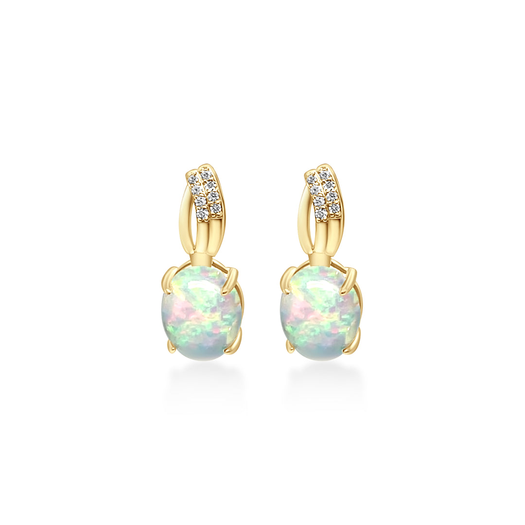 3.56 Cts White Opal and White Diamond Dangle Earring in 14K Yellow Gold