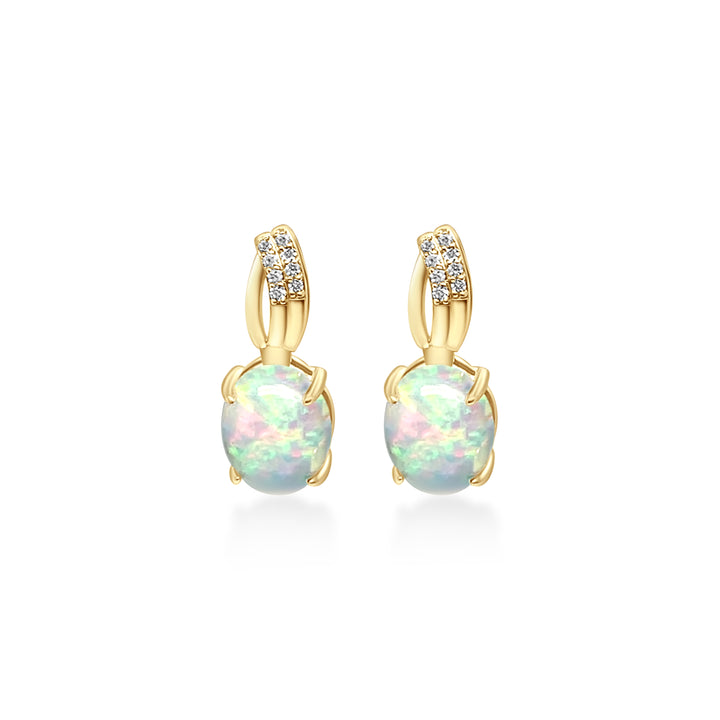 3.56 Cts White Opal and White Diamond Dangle Earring in 14K Yellow Gold