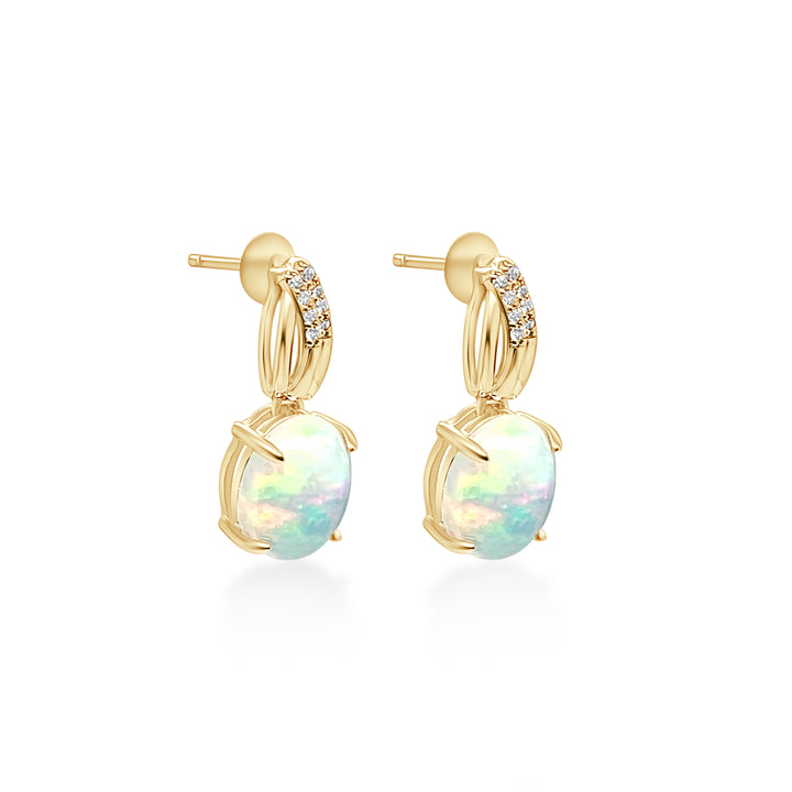 3.56 Cts White Opal and White Diamond Dangle Earring in 14K Yellow Gold