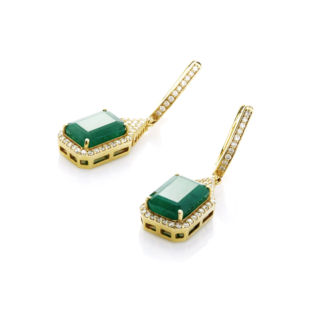 9.12 Cts Emerald and White Diamond Earring in 14K Yellow Gold