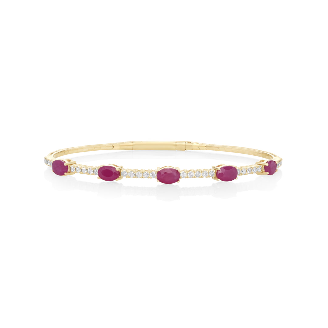 3 Cts Ruby and White Diamond Flex Bangle in 14K Yellow Gold