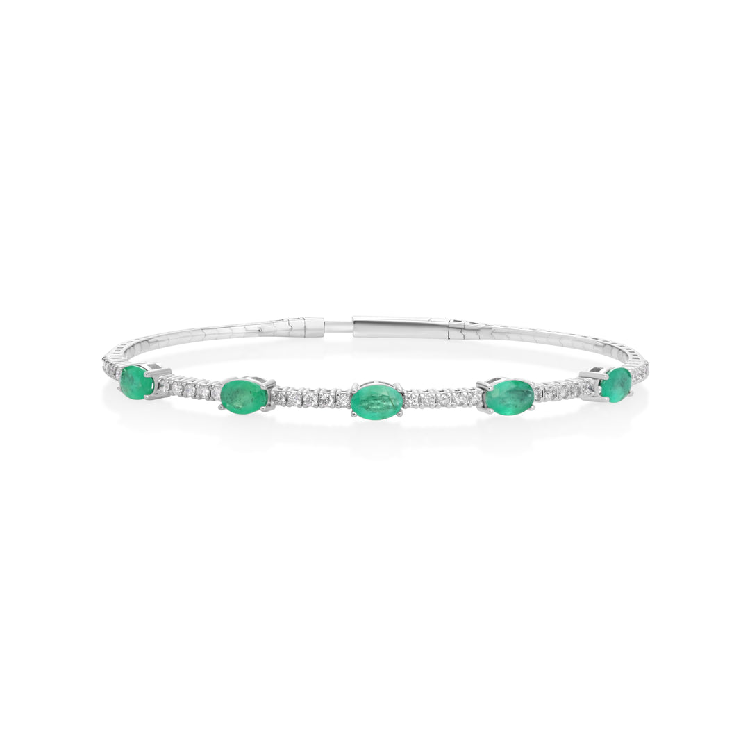 3 Cts Emerald and White Diamond Flex Bangle in 14K White Gold