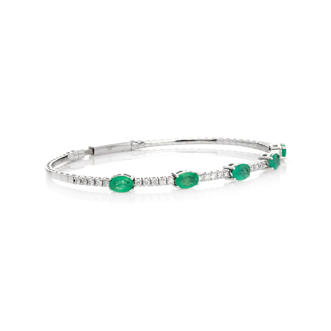 3 Cts Emerald and White Diamond Flex Bangle in 14K White Gold