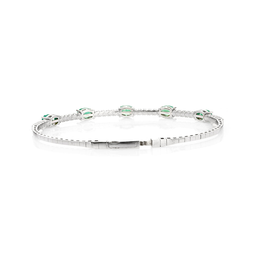 3 Cts Emerald and White Diamond Flex Bangle in 14K White Gold