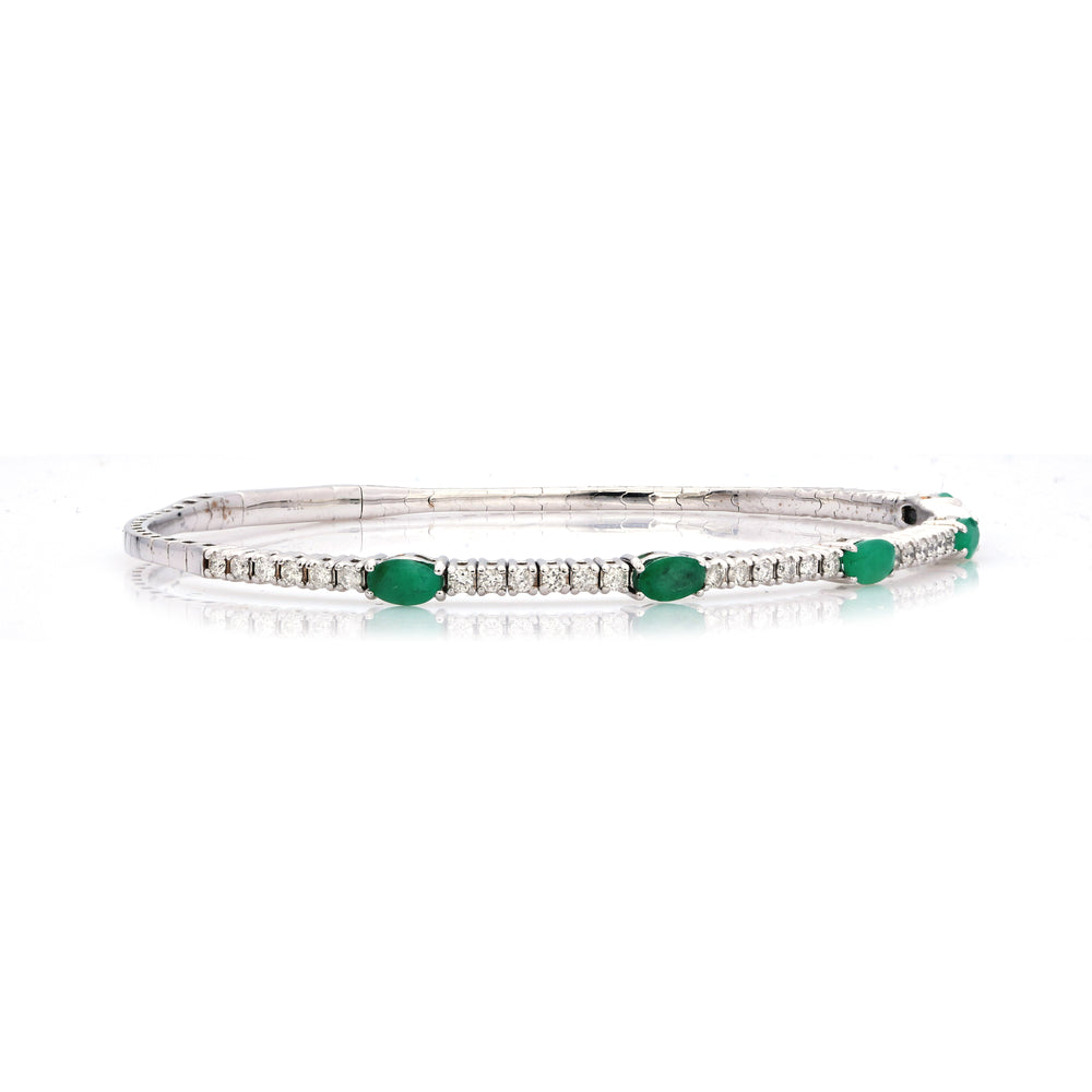 1.15 Cts Emerald and White Diamond Flex Bangle in 14K White Gold