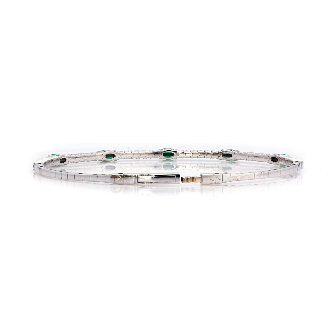 1.15 Cts Emerald and White Diamond Flex Bangle in 14K White Gold