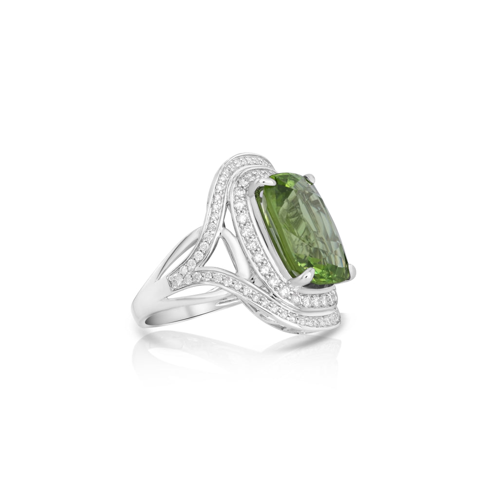 9.21 Cts Peridot and White Diamond Ring in 14K White Gold