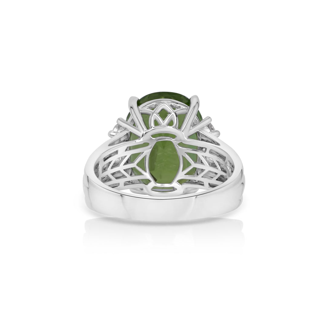 10.67 Cts Peridot and White Diamond Ring in 14K White Gold