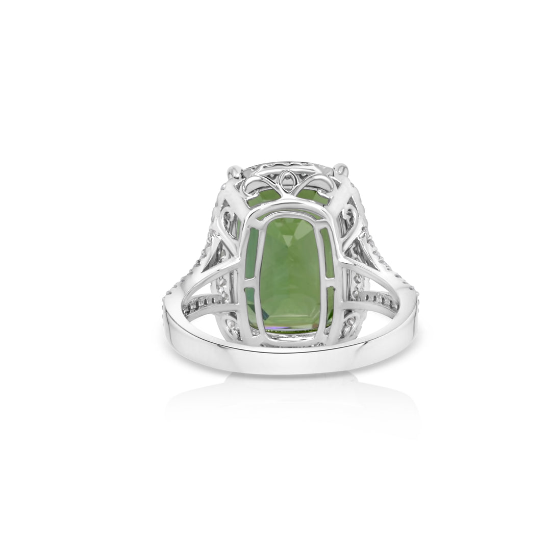 11.31 Cts Peridot and White Diamond Ring in 14K White Gold