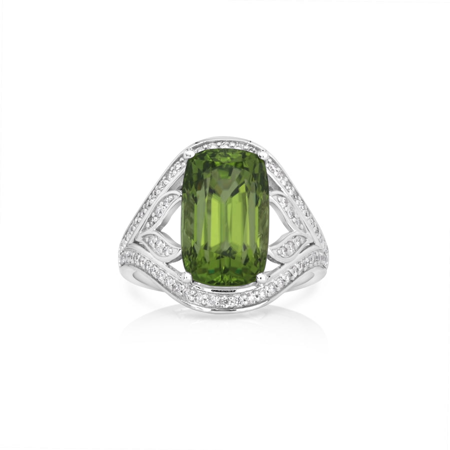 6.84 Cts Peridot and White Diamond Ring in 14K White Gold