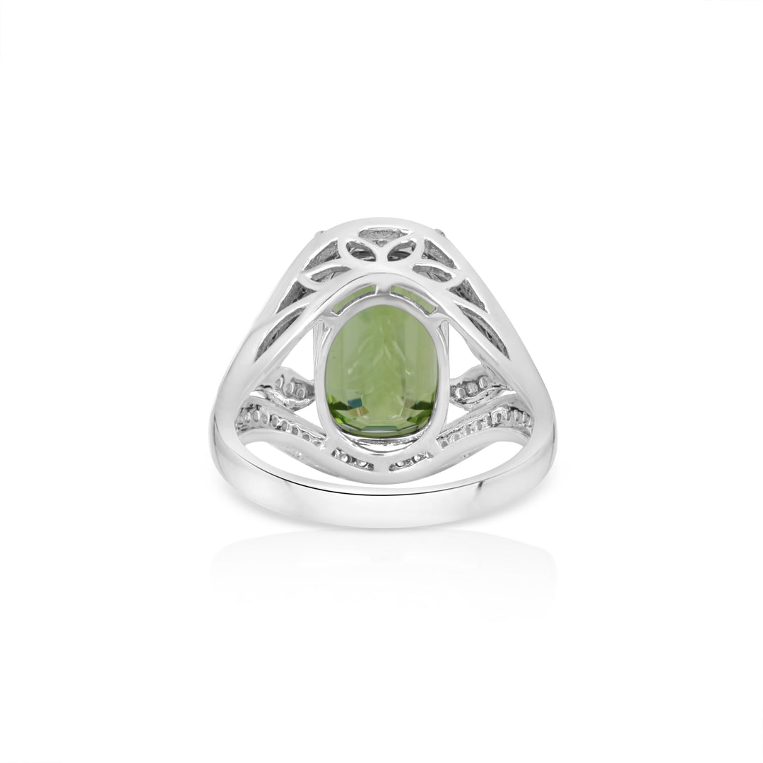 6.84 Cts Peridot and White Diamond Ring in 14K White Gold