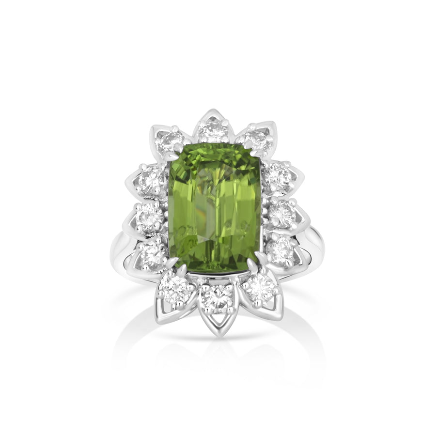 6.33 Cts Peridot and White Diamond Ring in 14K White Gold