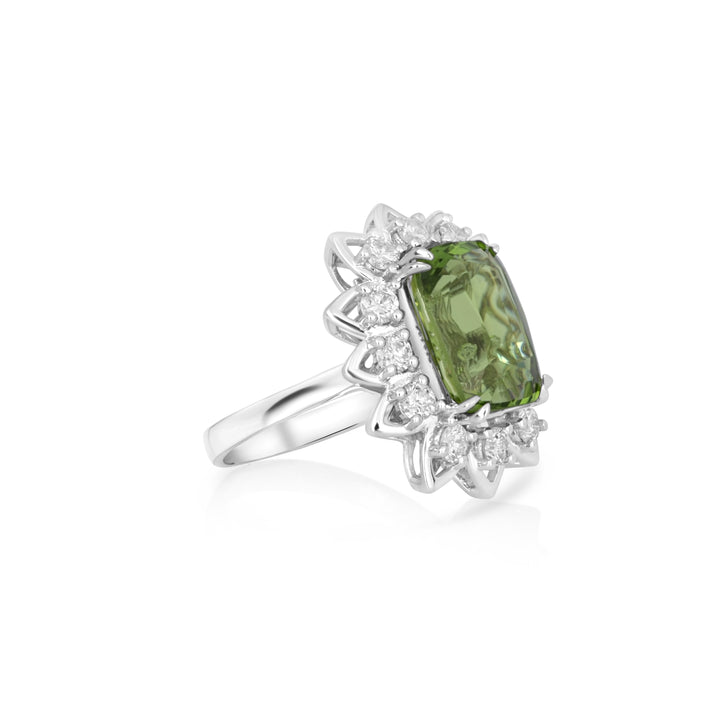 6.33 Cts Peridot and White Diamond Ring in 14K White Gold